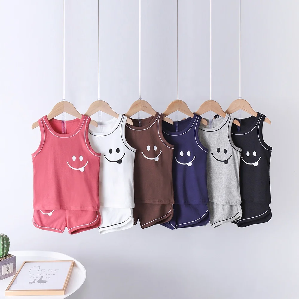 

Summer Kids Vest Home Wear Children Sleepwears Baby Boy Tank Set 100%Cotton Breathable Kids Vest Suit Solid Smiley Face Pattern, Optional