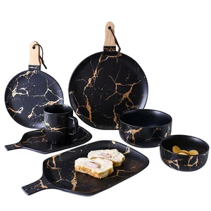 Creative golden Marbling Matte Porcelain Tableware Set Black Color Dinner Set