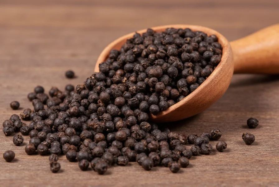 Close-up view of black peppercorns on wooden spoon with grinding mill