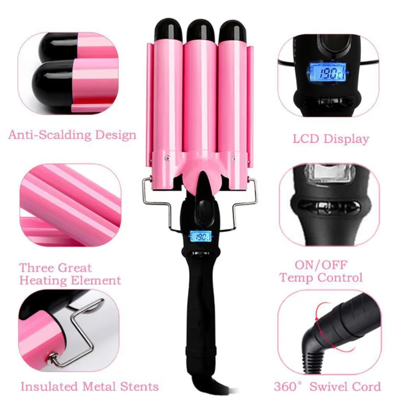 

Home use new three barrel ceramic Ionic big wave curler automatic LCD curling iron with triple barrel hair waver hair curler