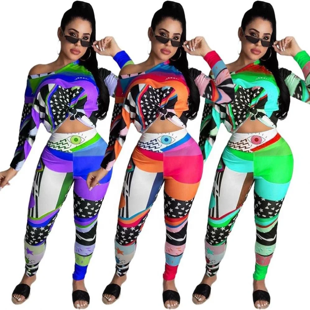 

New Arrival 2 Piece Pant Set Women Printed Crop Top Outfits Women Two Pieces