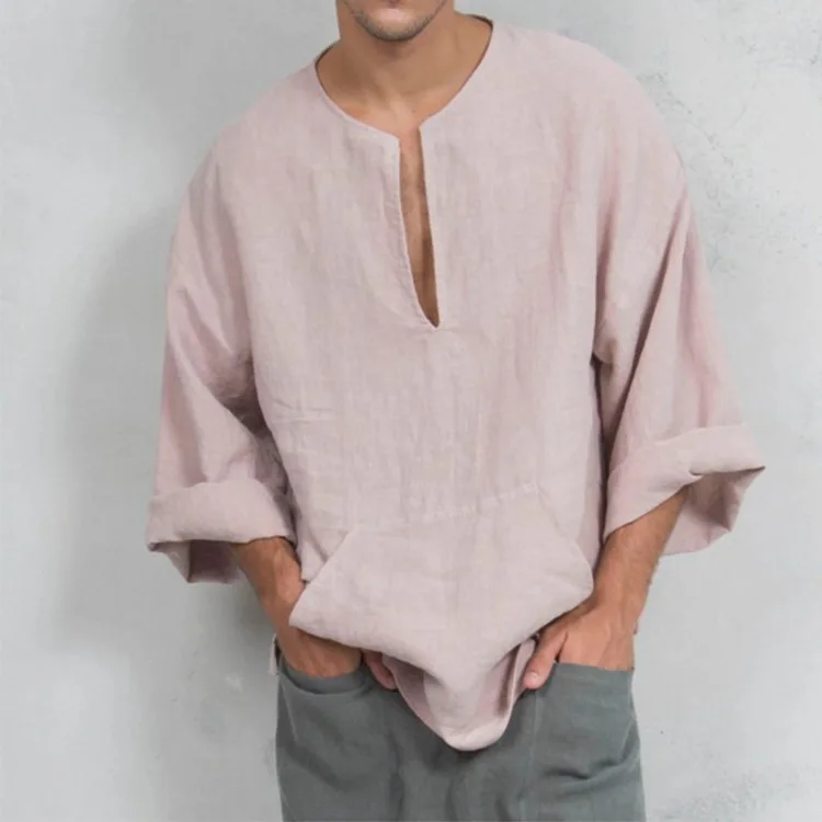 

loose in the Middle East Europe and the United States men's clothing of male wish flax ethical wind horn long sleeve T-shir, As picture