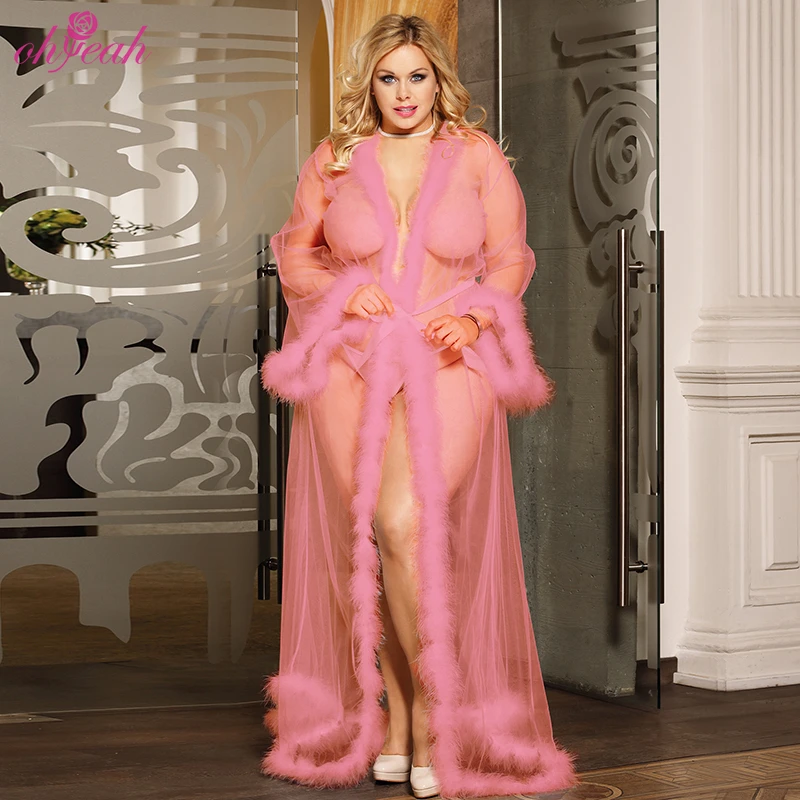 

Private label wholesalers erotic feather fashion women long sleeve transparent sexy mesh fur robe lingerie