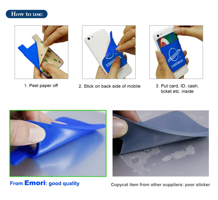 Customized Silicone Mobile Phone Sticker Card Holder With 3m Sticker
