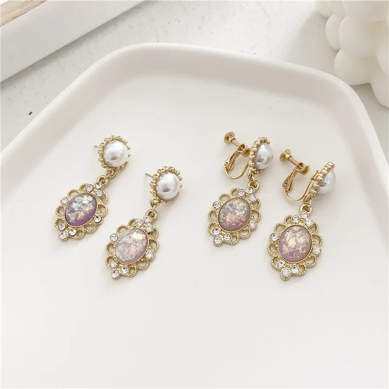

JUHU Baroque vintage palace style exquisite micro-inlaid zircon earrings sweet earrings ear clip for girls alloy Jewelry, Pearl