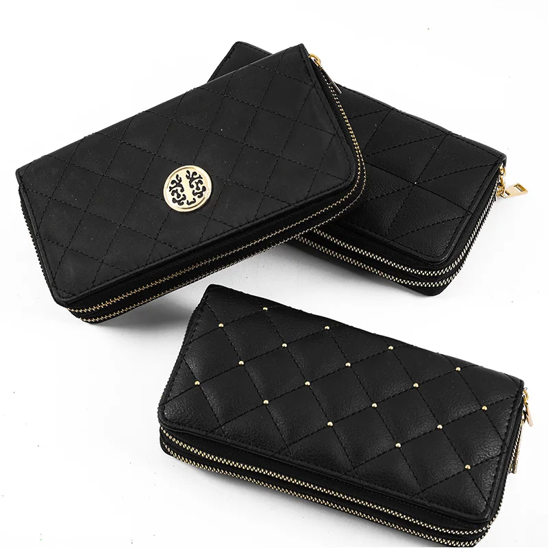 

Custom high quality women large pu leather wallet fashion long zipper purse with rivet decoration, As the picture or customizable