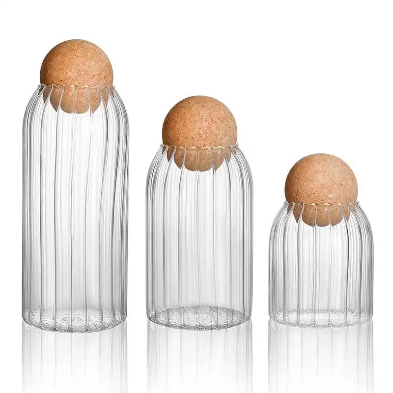 

Hot selling vertical grain handmade high borolicicate glass storage jar custom glass jar with cork lid, Transparent