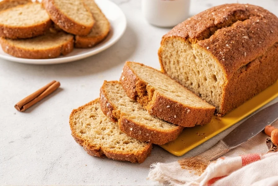Sliced homemade cinnamon bread with visible swirl pattern, served with butter on a wooden cutting board