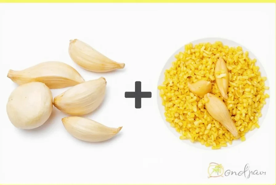 Chef's hand measuring minced garlic into a skillet with fresh garlic cloves nearby