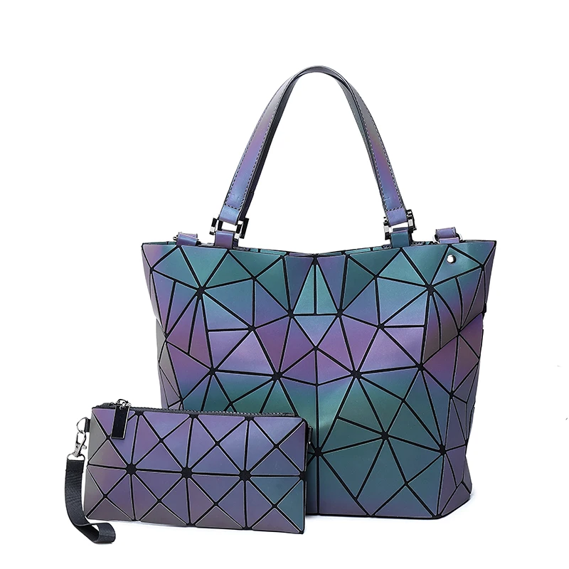 

2021 fashion Female Hologram handbag set Luminous Geometric lattice women hand bags Tote crossbody purses ladies bags, Picture