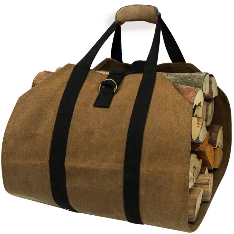 

Hot Sale Firewood Carrier Bag Indoor Waterproof 16 oz Waxed Canvas Sturdy Wood Log Carring Tote Bag For Picnic, As picture/custom made