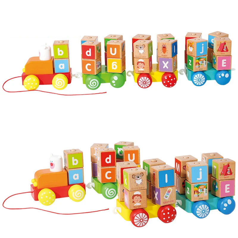 

Hot Sale New Design Educational Kindergarten Wooden alphabet cube block Set train toys