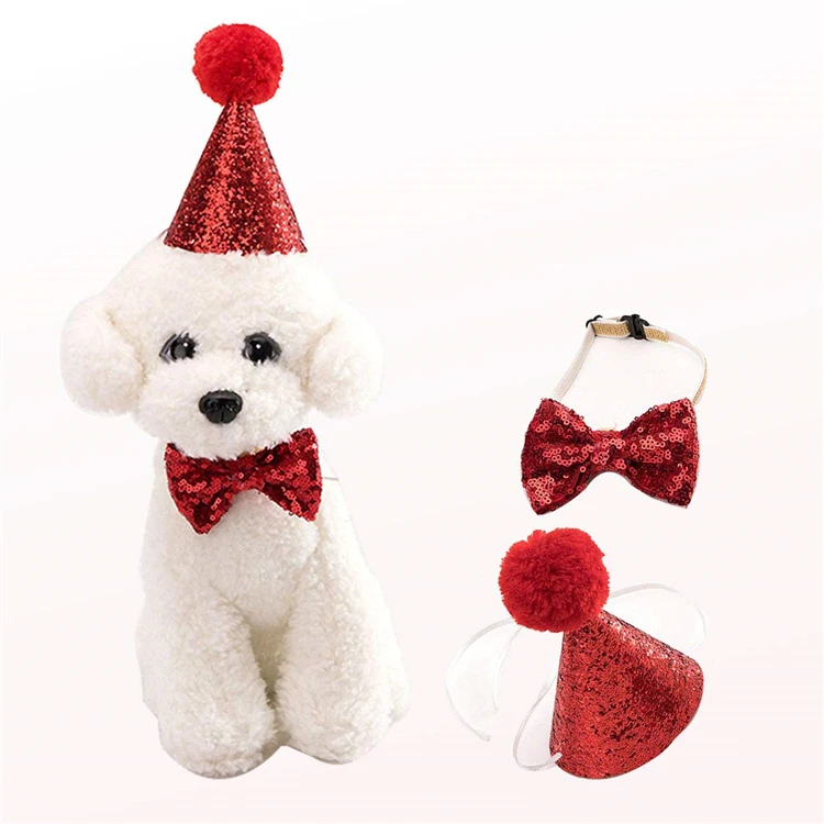 

Pet Adjustable Headband and Pom-poms Topper Cute Birthday Party Cone Hat and Bow Tie Collar Set for Kitten Puppy Small Dogs Cats