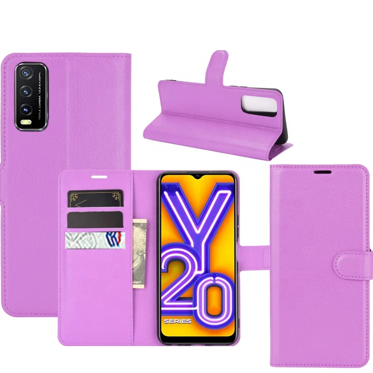 

Violet For Vivo Y20 Lichi Leather Wallet Card Holder Flip Back Cover Case