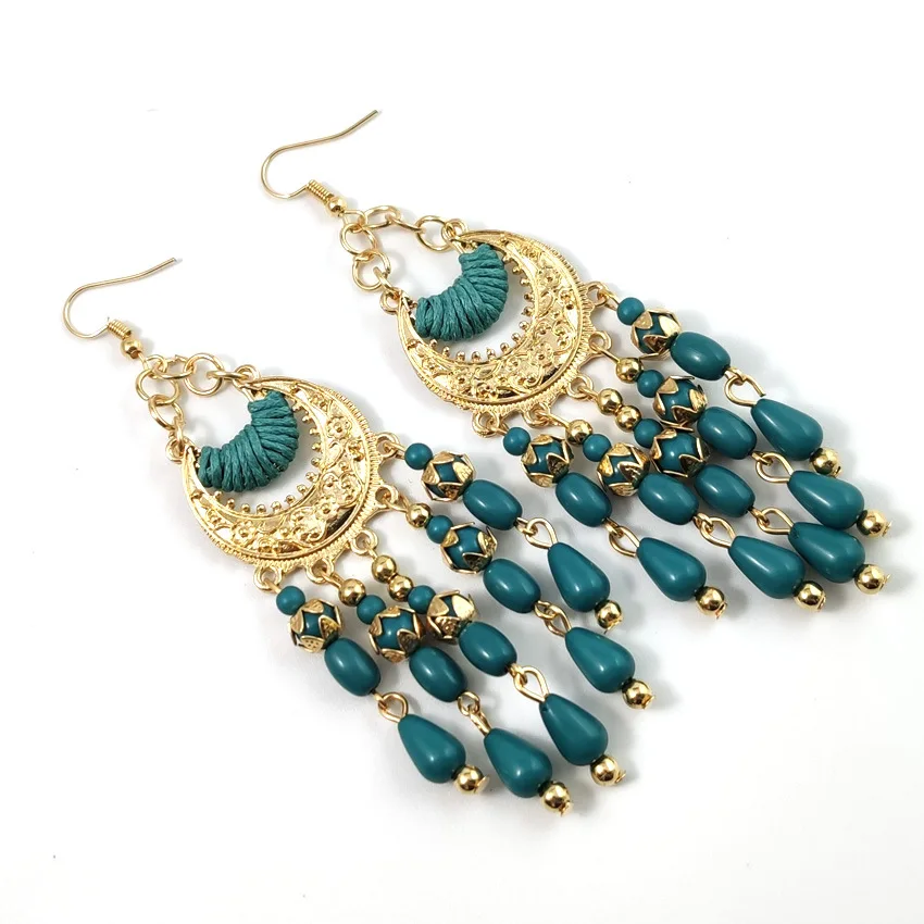 

00178-10 Handmade Drop long Beads Crescent Moon Shape Bohemian Style Drop Earring