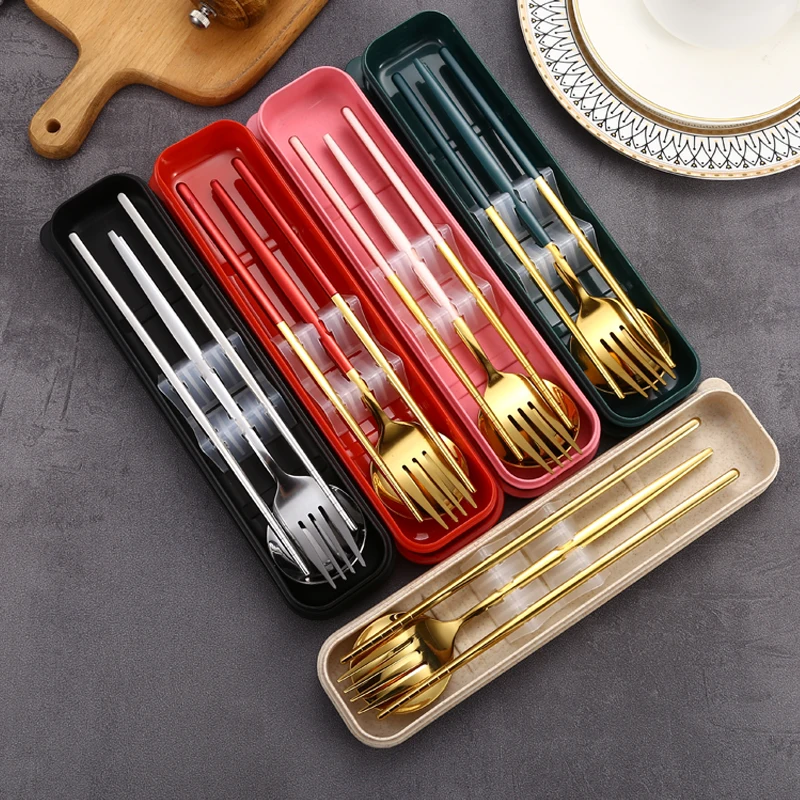 

Reusable travel flatware stainless steel spoon fork chopsticks 3pcs portable cutlery set with wheat case, Colorful