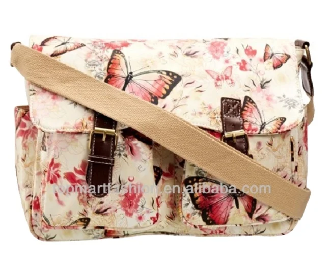 

women girl maple butterfly oil cloth print vintage long strap canvas waterproof messenger bag wholesale