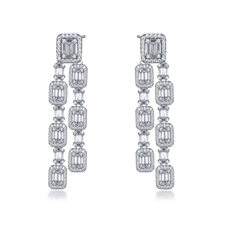 

2020 Best Selling Baguette Long Tassels Elegance Earrings S925 Silver Tassels Earrings