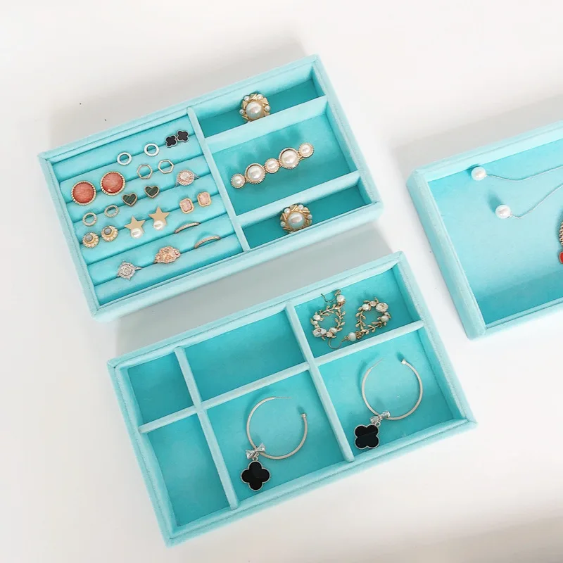 Blue Drawer Divider Wooden With Luxury Velvet Jewellery Storage Earring