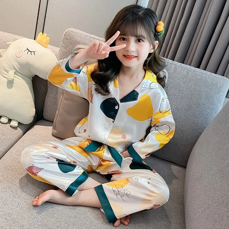 

2021 New Homewear Loungewear Pjs 2 Piece Set Pillama Pijama De Seda Satin Nightwear Silk Pajama Kid Child Pyjama Girl Sleepwear