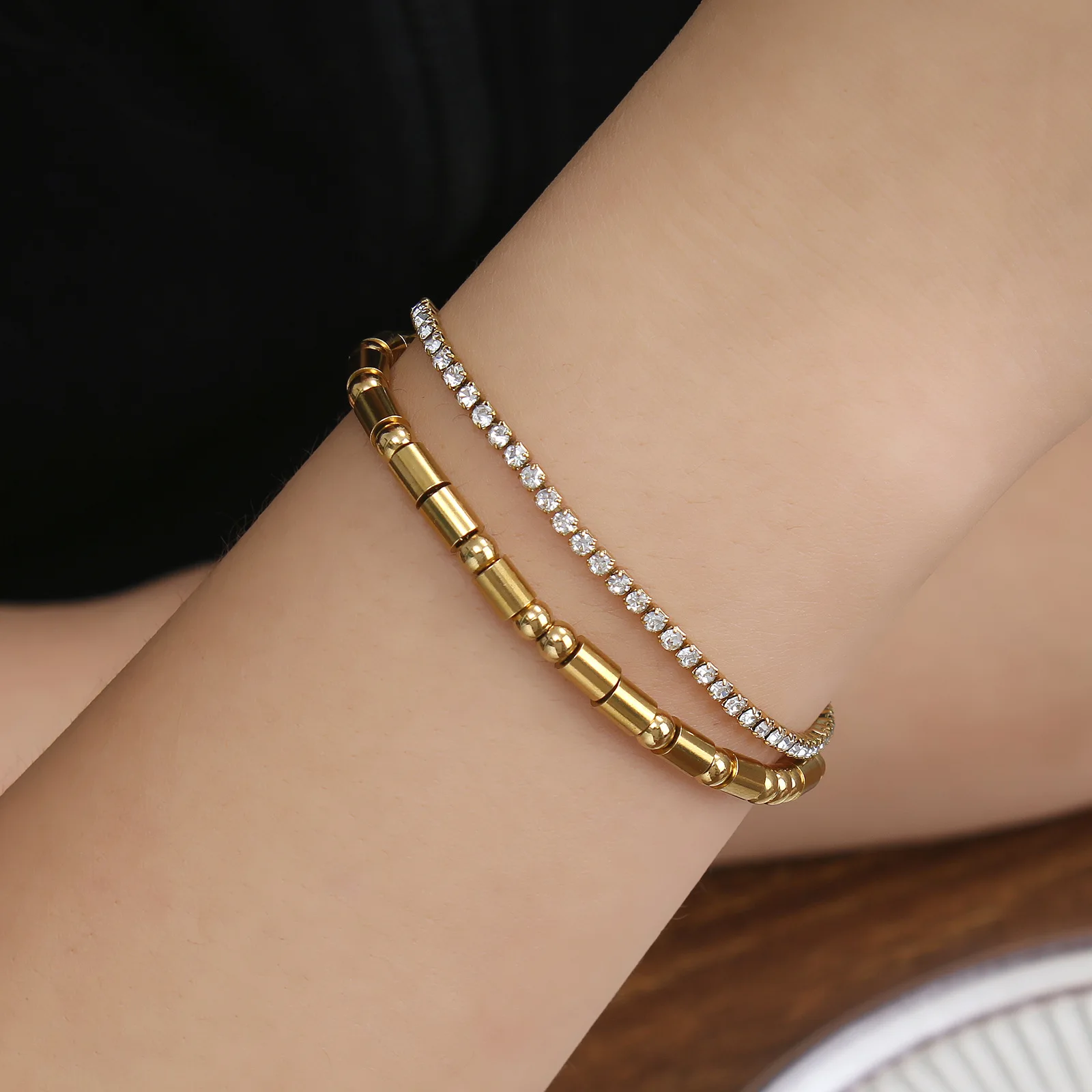 

Friendship Jewelry Double Layer Stainless Steel Bracelet Crystal Diamond Silver Gold Beads Morse Code Bracelet For Women