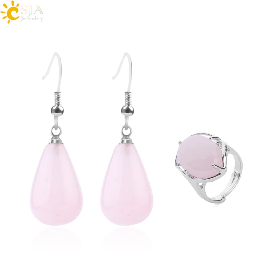 

CSJA wholesale natural stone jewelry set for women rose quartz crystal earring ring teardrop shaped for lover gifr F662
