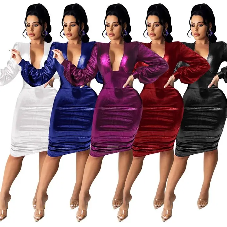 

New Arrival Deep V Neck Long Sleeves Pleated Reflective Sexy Dresses Women Long Sleeves club dresses