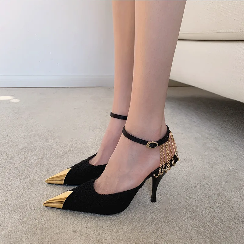 

2022 New Style Black High Heels Metal Chain Buckle Sandals Women Stiletto High Heel Women'S Shoes Pumps