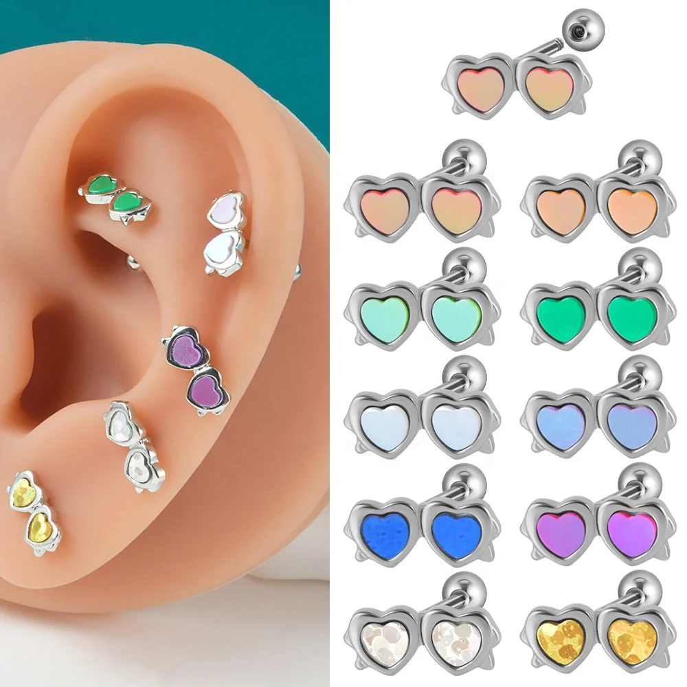 

Surgical Steel AB Double Heart Shape Ear Cartilage Tragus Helix For Men/Women Earring Daith Stud Lobe Piercing Jewelry
