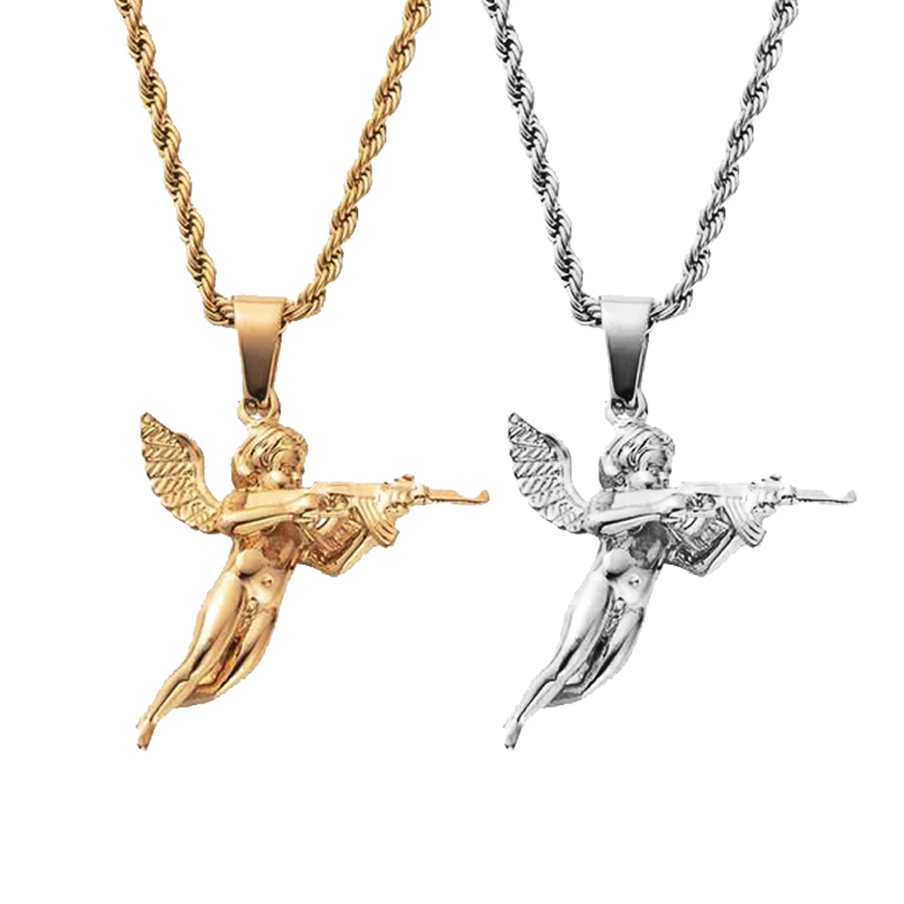 

hiphops Men Jewelry Cupids Revenge Angel Pendant 18k Gold Rope Chain 316L Stainless Steel 3D Angel with Gun Necklace