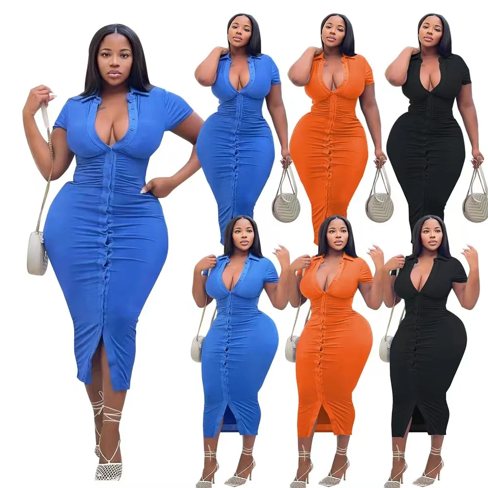 

J&H Summer 2022 solid color sexy bodycon ruched shirt dress ladies button down fashion plus size dress elegance, 3 colors as picture