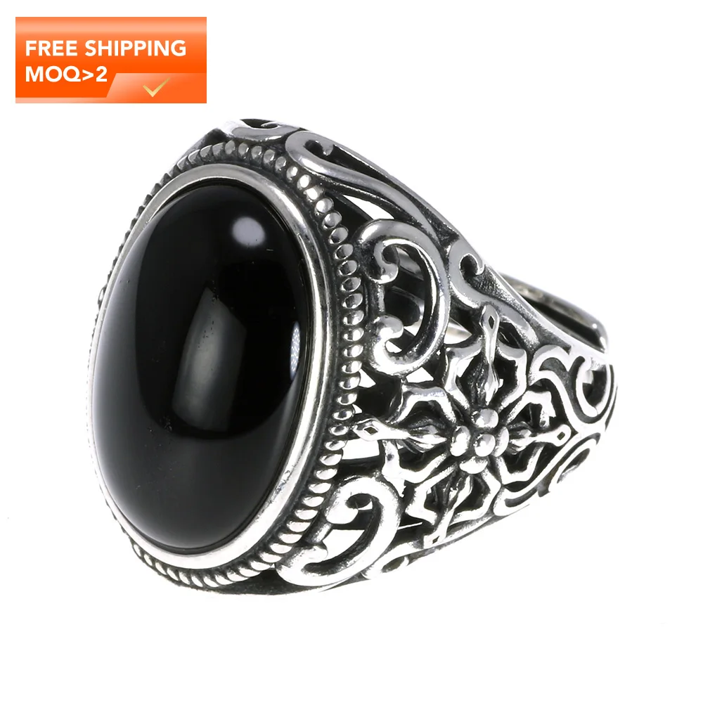 

Real Solid 925 Sterling Silver Mens Ring Vintage Punk Style Black Onyx Natural Stone Hollow Design Women Jewelry 2017