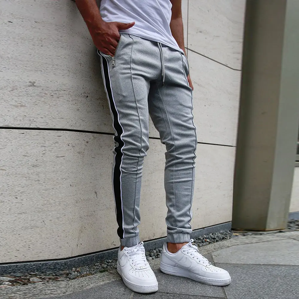 

Sport Pants Men Streetwear Training Pants Jogger Men New Grey Color Bottoms Male Strip Polyester With Pockets Sweater Pants