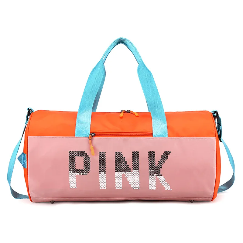 

custom fashion logo sport women men backpack waterproof Cross body travel duffel bag Letter Pink sequin travel bag, As show
