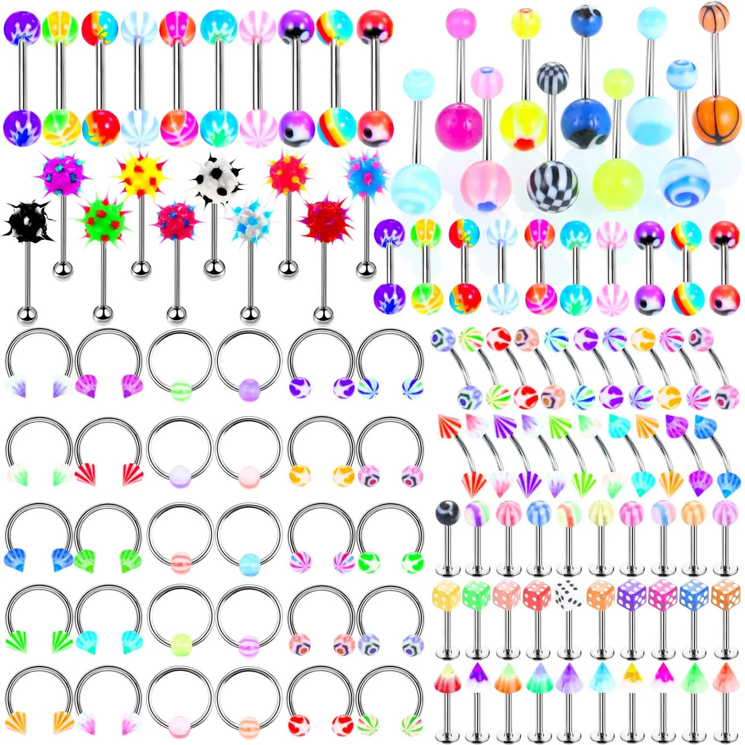 

Mixed 110PCS Acrylic Surgical Steel Eyebrow Navel Belly Lip Tongue Ring Nose Bar Rings Body Piercing Jewelry