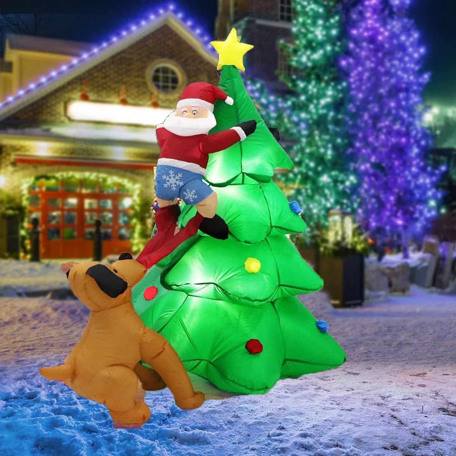 

Ourwarm Xmas Holiday Decoration Custom Outdoor Blow up Dog Santa Claus Inflatable Christmas Tree