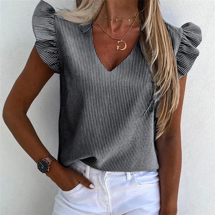 

Elegant Striped Print Women Blouse Casual Summer Butterfly Sleeve Shirts Office Lady O-neck Tops, As pic