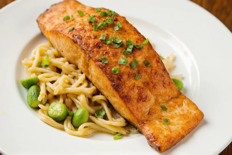 Fresh salmon fillet with ginger slices and garlic