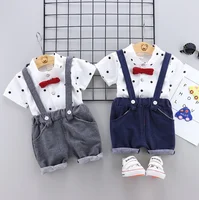 

Wholesale Children Summer Clothes Boys Polka Dot Shirts with Bow Tie and Suspender Trousers Kids Suits Baby Boy Sets Clothing