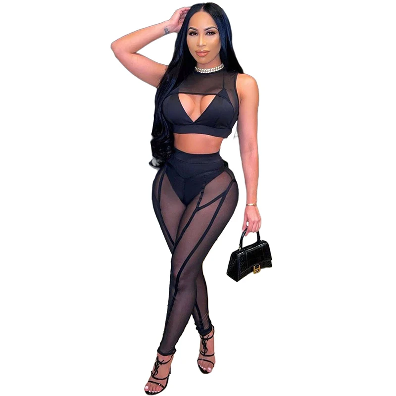 

K21P10148 Fashion Solid Color Mesh Stitching See Through Tight leggings High Waist Slim Fit Women Sexy Midnight leggings