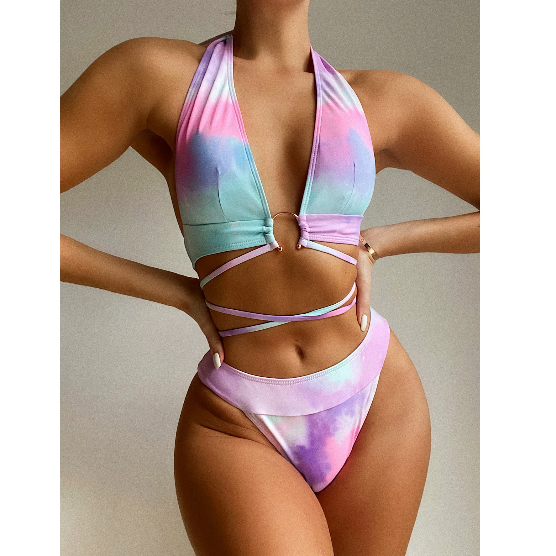 

custom logo label tag Amazon 2021 Tie-dye print swimwear set high waist swimsuit Ring in front swimwear support OEM, Solid
