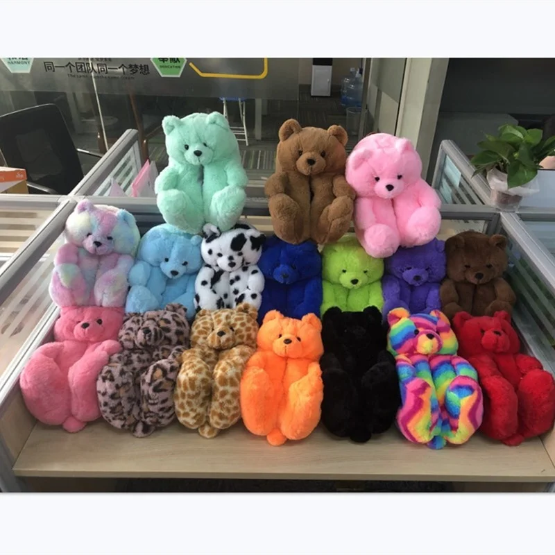 

2021 fast shipping wholesale cheap new arrivals fuzzy black rainbow teddy bear slippers plush