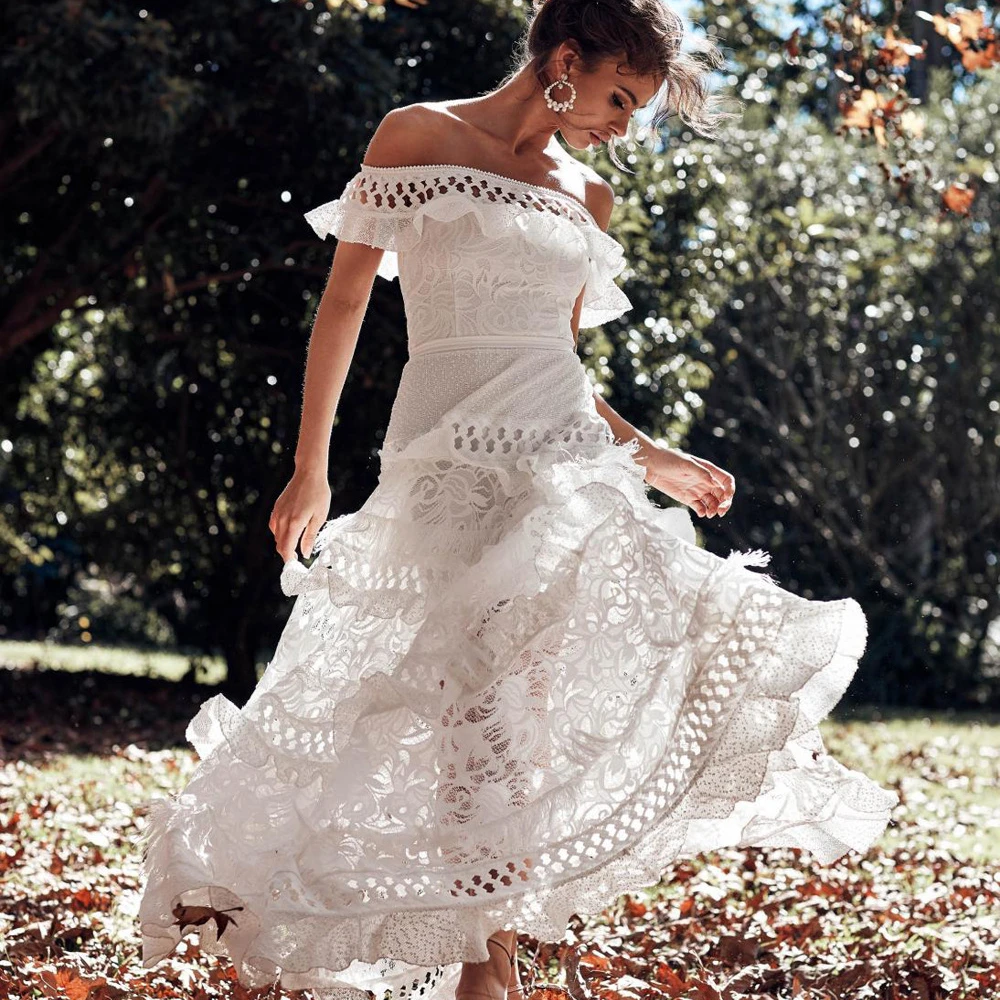 

Women's lace dress off-shoulder party dress lotus leaf wedding evening dress