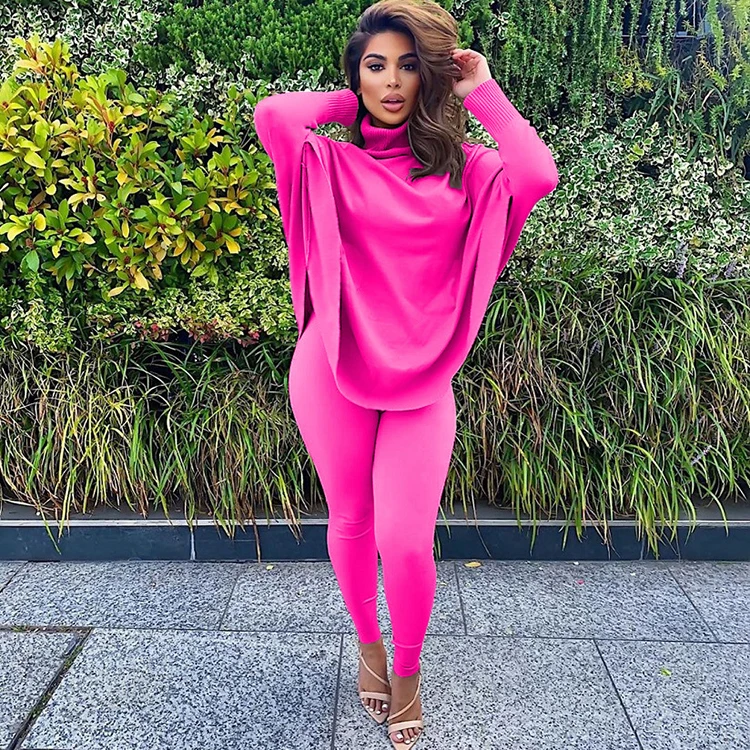 

2021 Casual Loose Pink XS Winter Fall Turtleneck Long Bat Sleeve Solid 2 Piece Ladies Women Sets Womens Set Outfits Woman -PT, Pink,orange,gray,black,rose red