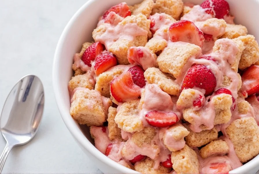 Close-up of strawberry cinnamon toast crunch cereal showing the cinnamon coating and strawberry pieces