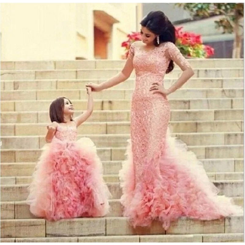 

Popular Pink Girls Dresses Lace Tulle Puffy Pageant Gowns For Little Girls Princess Dresses For wedding, Picture color