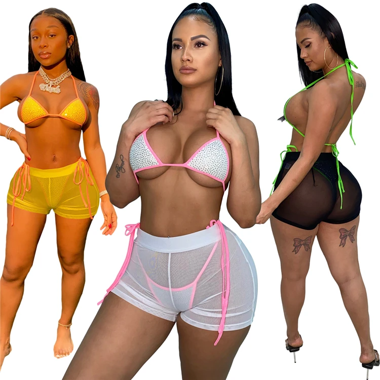 

Sexy Summer 3 Piece Set Swimwear For Women Bikini Mesh Shorts Ladies Swimsuit, Picture