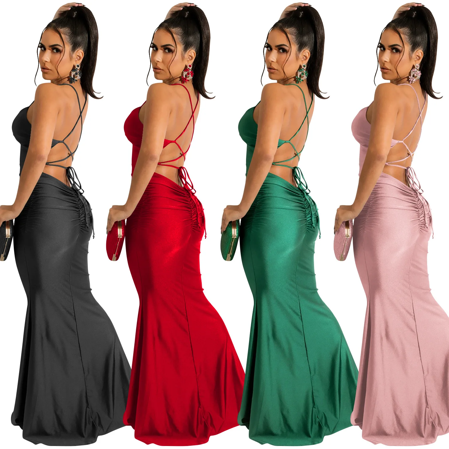 

X5617 Solid Color Sexy Suspenders Wrap Chest Open Back Strap Tight Long Skirt Evening Dress Dress