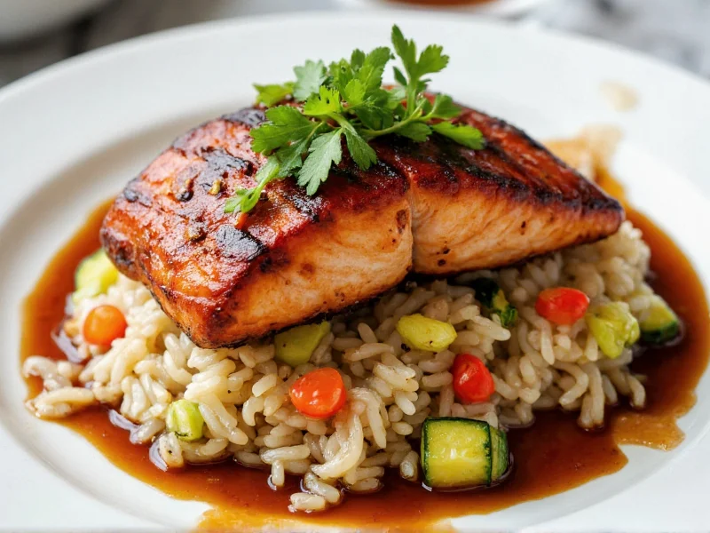 Teriyaki glazed salmon on rice with vegetables