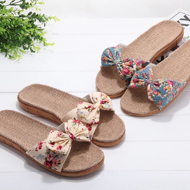 

Women Flax slide Slippers Summer Casual Slides Beach Shoes Ladies Indoor Linen Slippers Bohemia Floral Bow Sandals Outdoor, As shown in figure